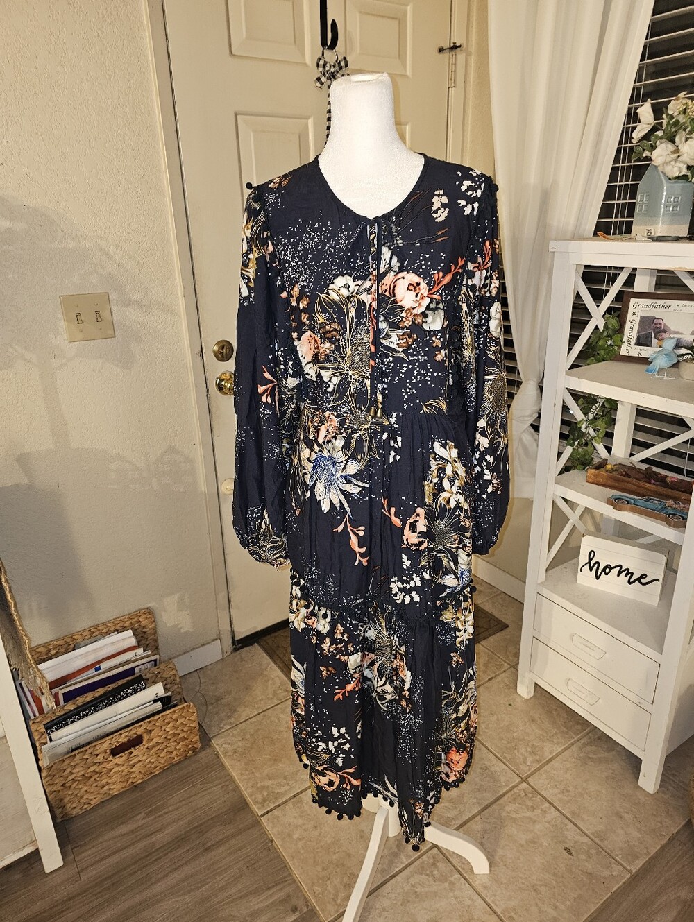 JAASE Anthropologie Gorgeous Prairie Garden Dress Multicolors Navy Cream Pink 16